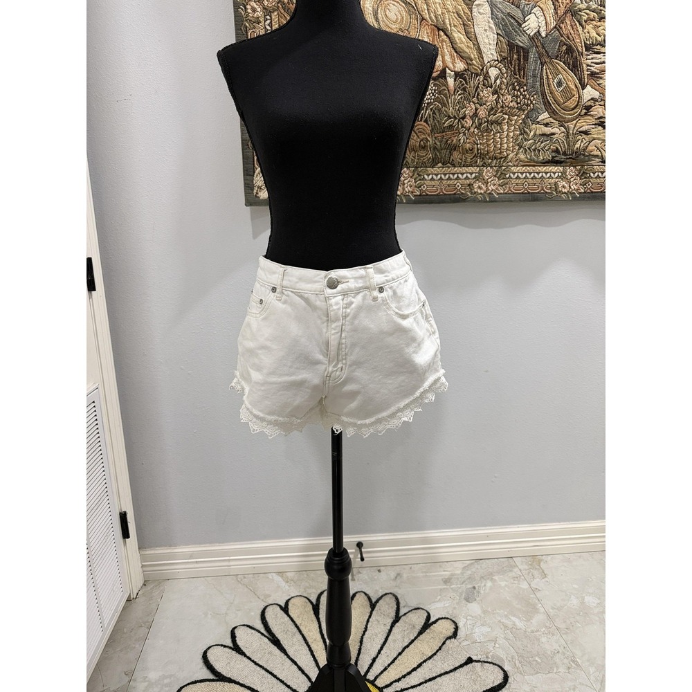 Free People White Denim Crochet-Hem Jean Shorts